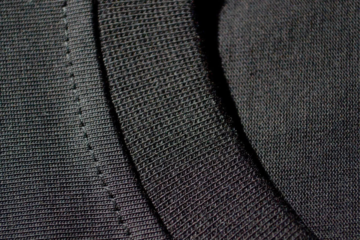 Close-up of the ribbed neckline on the black BP220 heavyweight cotton tee