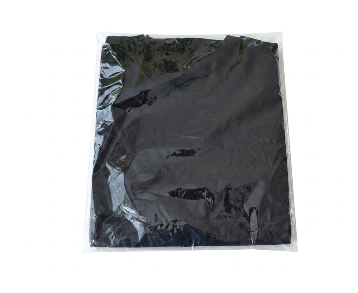 Black BP220 blank T-shirt folded in its individual polybag