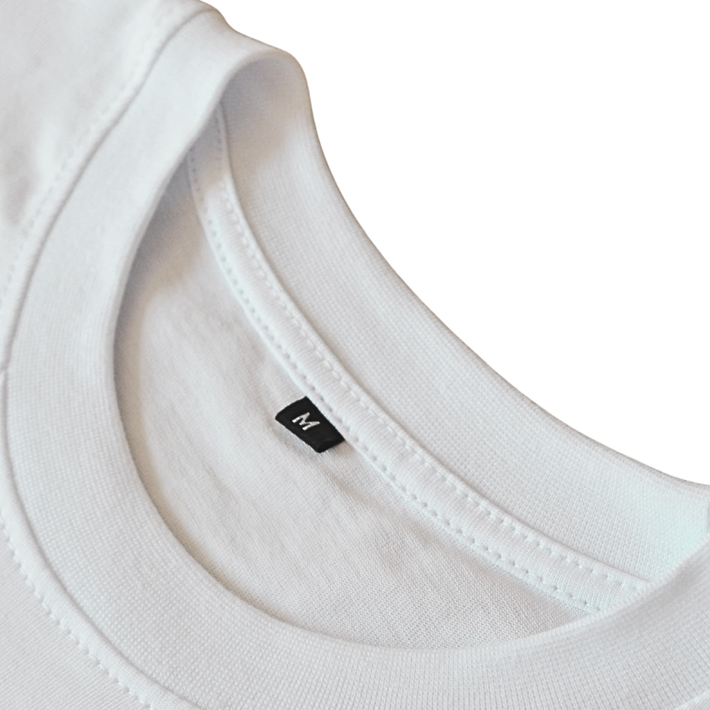 White BP220 blank T-shirt, close-up of the inside collar and neck label