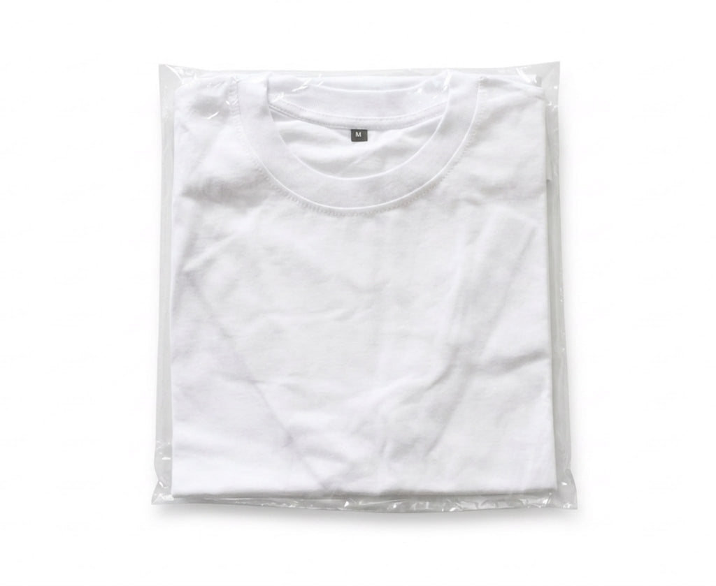White BP220 blank T-shirt folded in its individual polybag