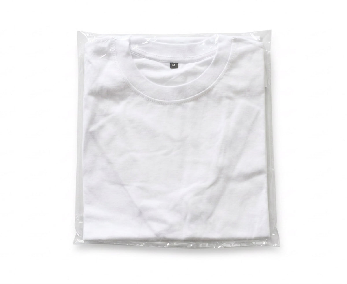 White BP220 blank T-shirt folded in its individual polybag