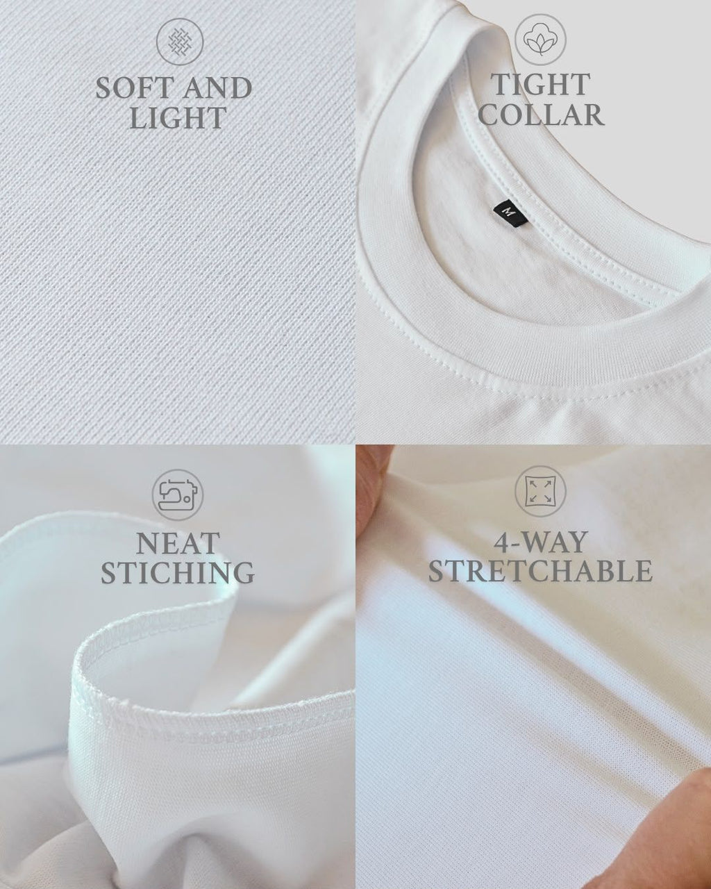 White BP220 blank T-shirt details: fabric, tight collar and neat stitching