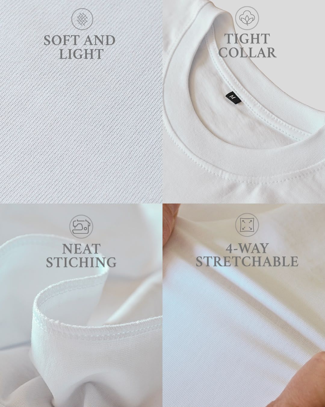 White BP220 blank T-shirt details: fabric, tight collar and neat stitching