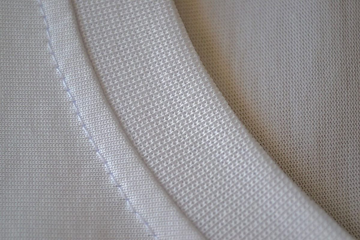 Close-up of the ribbed neckline on the white BP220 heavyweight cotton tee