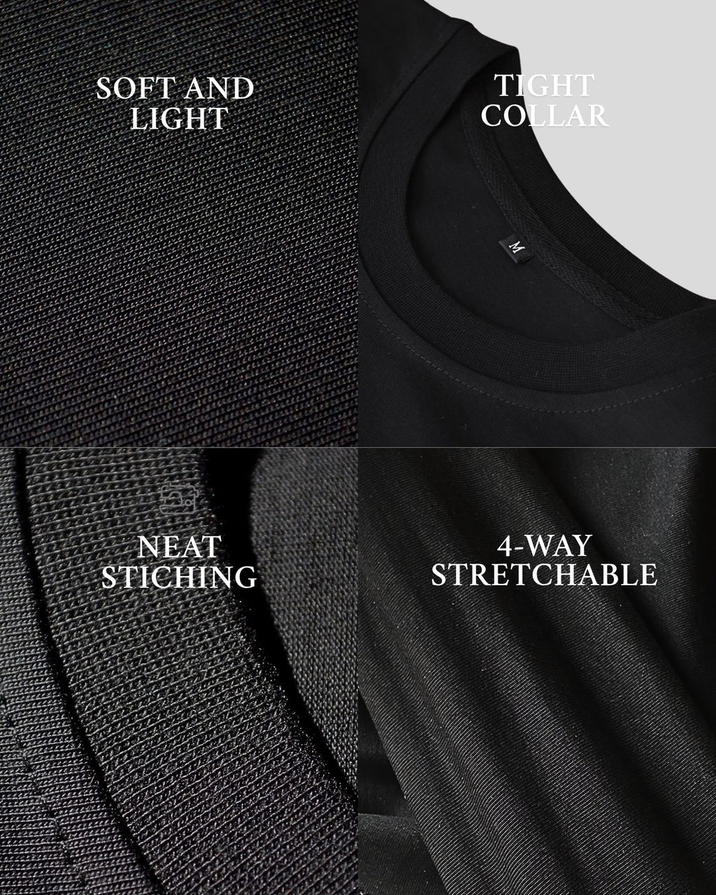 Black BP220 blank T-shirt details: fabric, tight collar and neat stitching