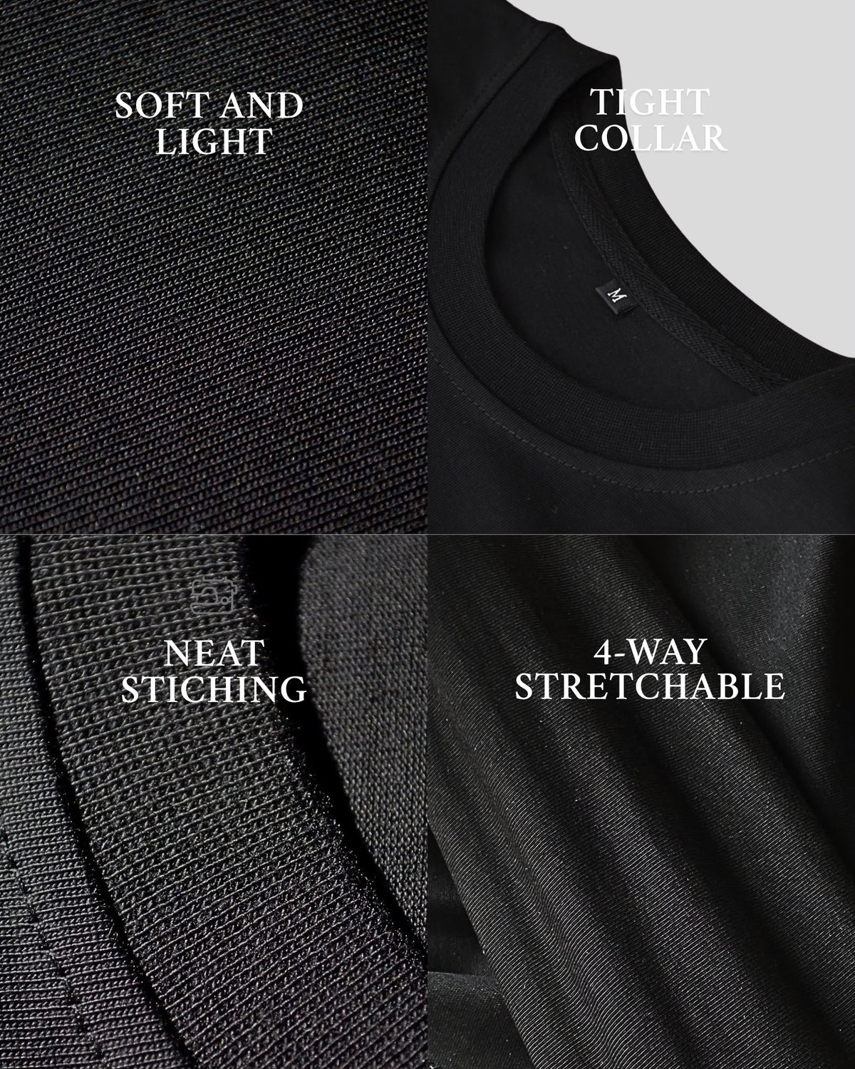 Black BP220 blank T-shirt details: fabric, tight collar and neat stitching