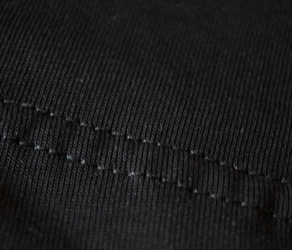 Close-up of the neat stitching on the black BP220 heavyweight cotton tee